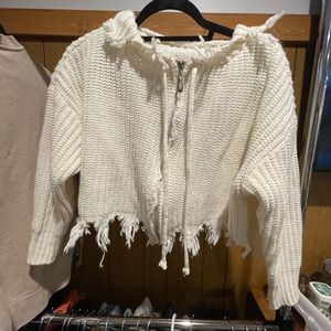 Off-White/Cream Distressed Knit, Cropped Zip Hoodie, Women's Size Small